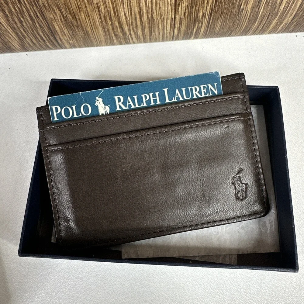 New VINTAGE POLO Ralph Lauren KENT Leather Money Clip w/Card Slots BROWN Wallet